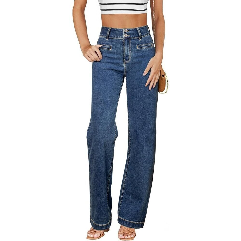 Women's Vintage Dark Blue High Waisted Straight Leg Stretchy Trendy Denim Pants